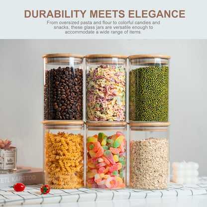Glass Food Storage Jars 6-Pack 37oz - 4x6 in-Clear Glass Food Canisters with Bamboo Lid Airtight