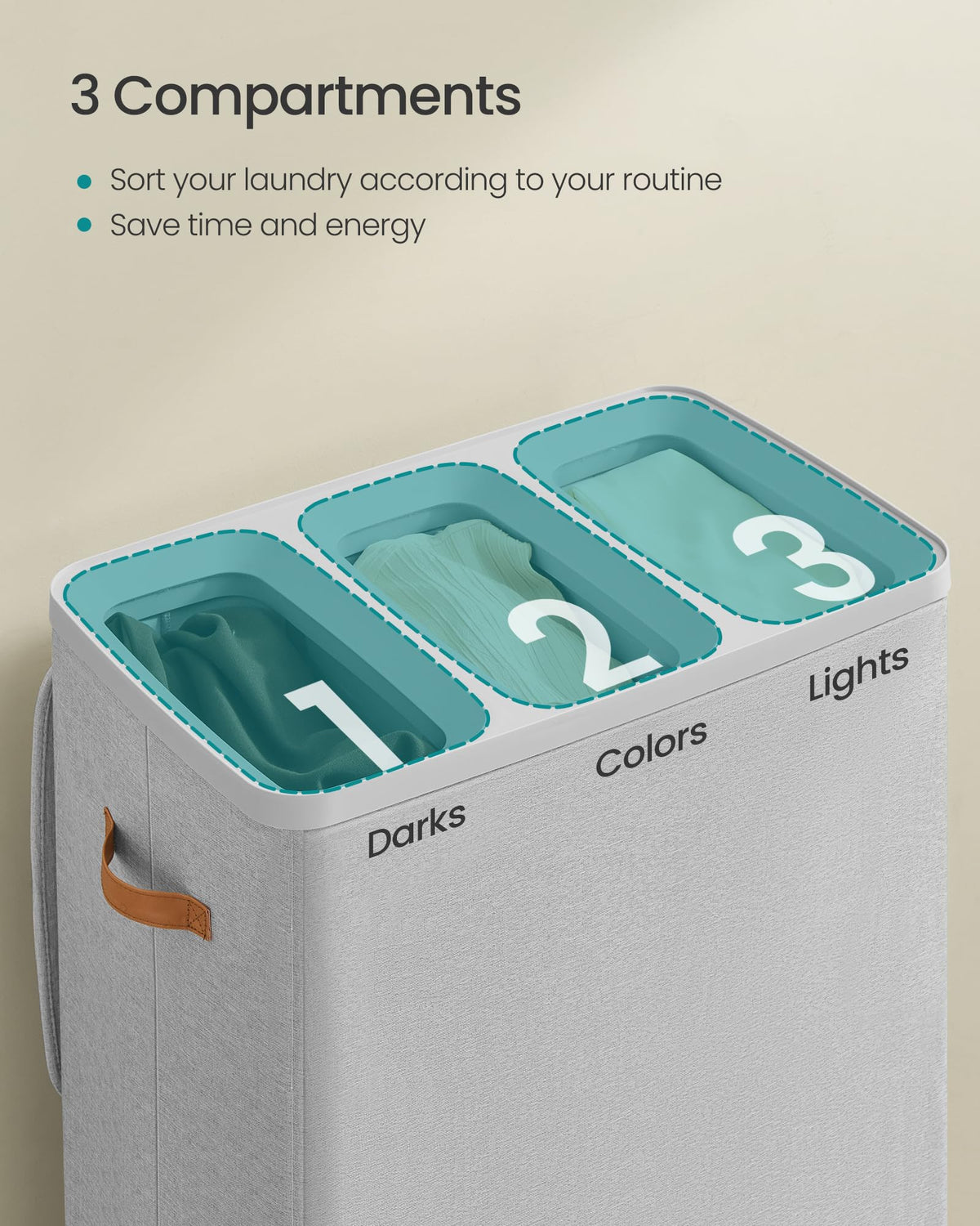 SONGMICS Laundry Basket, 50.2 Gal. Laundry Hamper, 3 Compartments, Easy Assembly, with Lid and