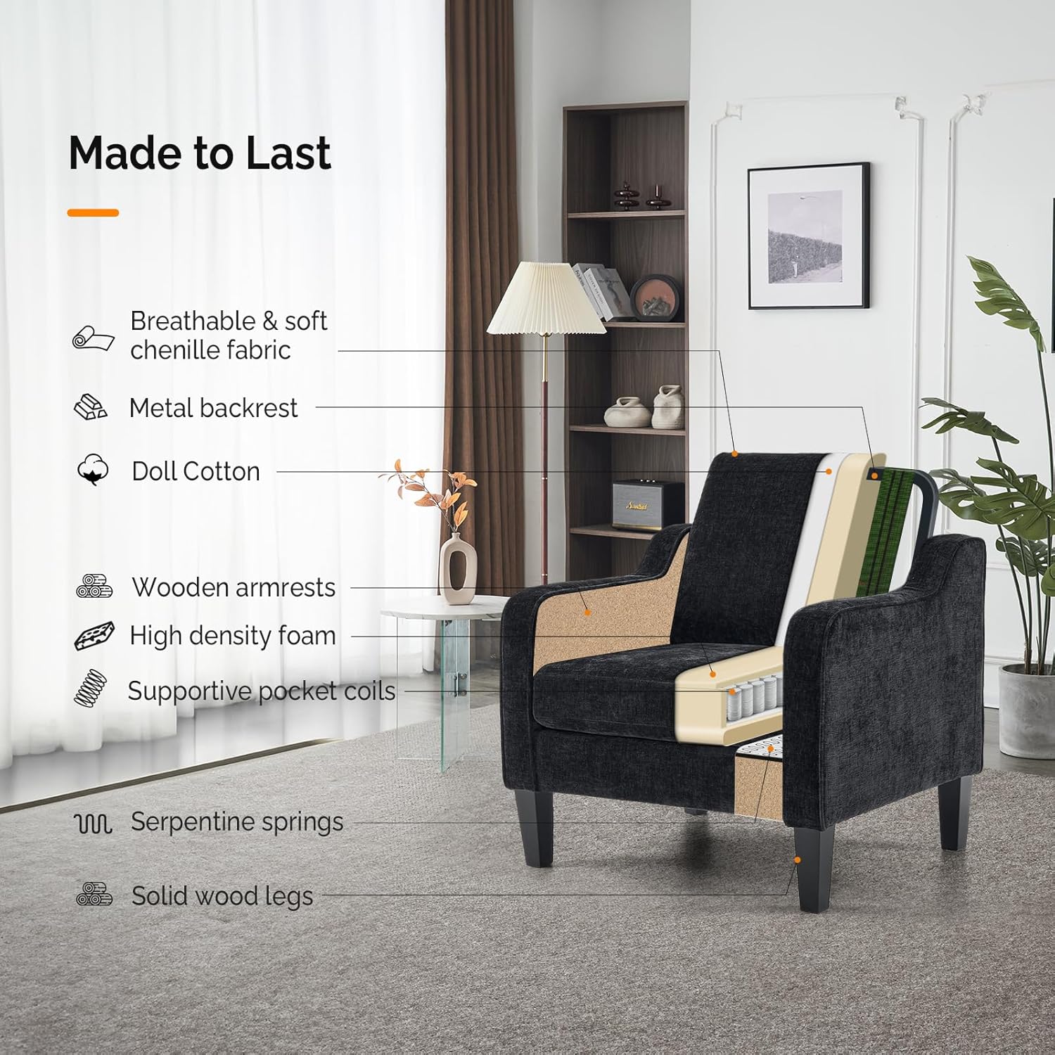 VINGLI Living Room Chairs Set of 2, Black Accent Chair 5.5" Thick Seat Cushion Comfy Chair Soft