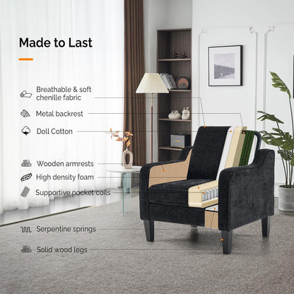 VINGLI Mid Century Modern Accent Chairs, Black Soft Chenille Reading Chair Upholstered Armchair