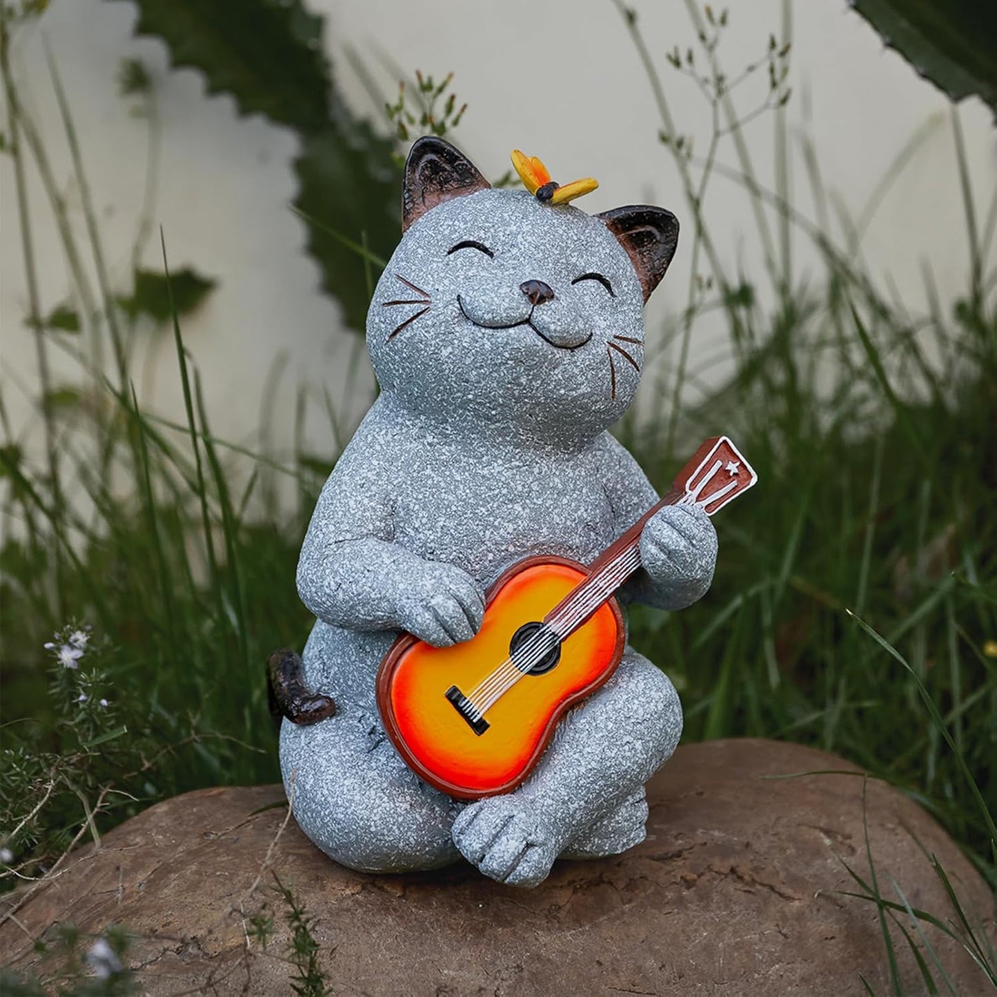 Cat Garden Statue Outdoor Decor, Cat Sculpture with Guitar and Butterfly for Yard Lawn Patio