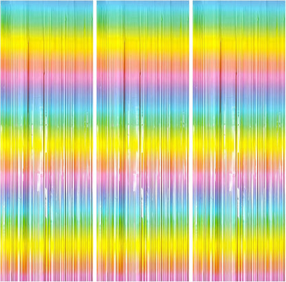 3 Pack Backdrop Pastel Rainbow Foil Fringe Backdrop Curtains Dance Party Decorations Photo Booth