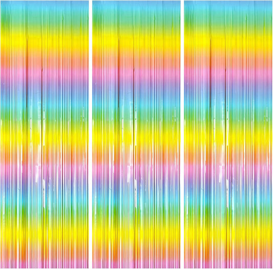 3 Pack Backdrop Pastel Rainbow Foil Fringe Backdrop Curtains Dance Party Decorations Photo Booth