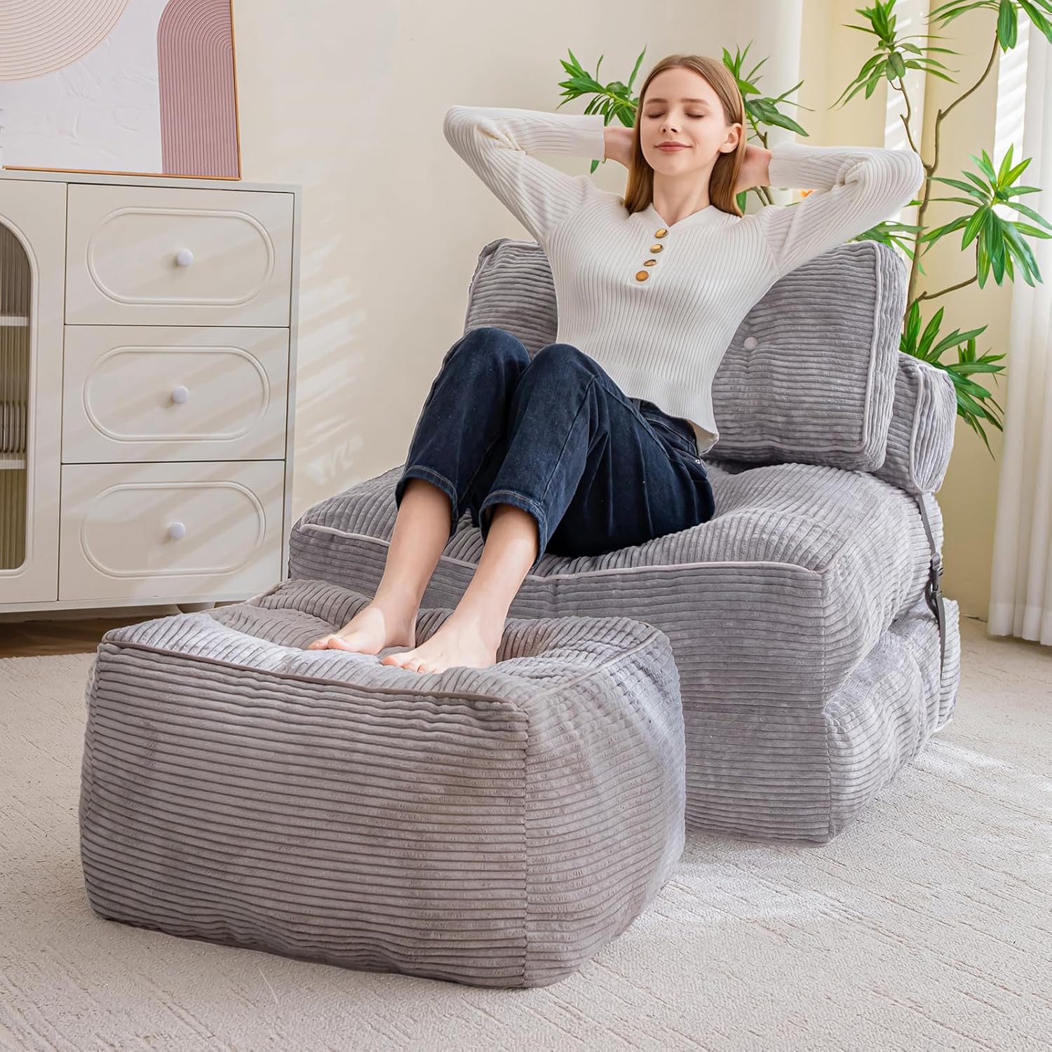 HIGOGOGO Square Stuffed Pouf Ottoman, Corduroy Poufs with Foam Chunk Filling, Furry and Fluffy Pouf
