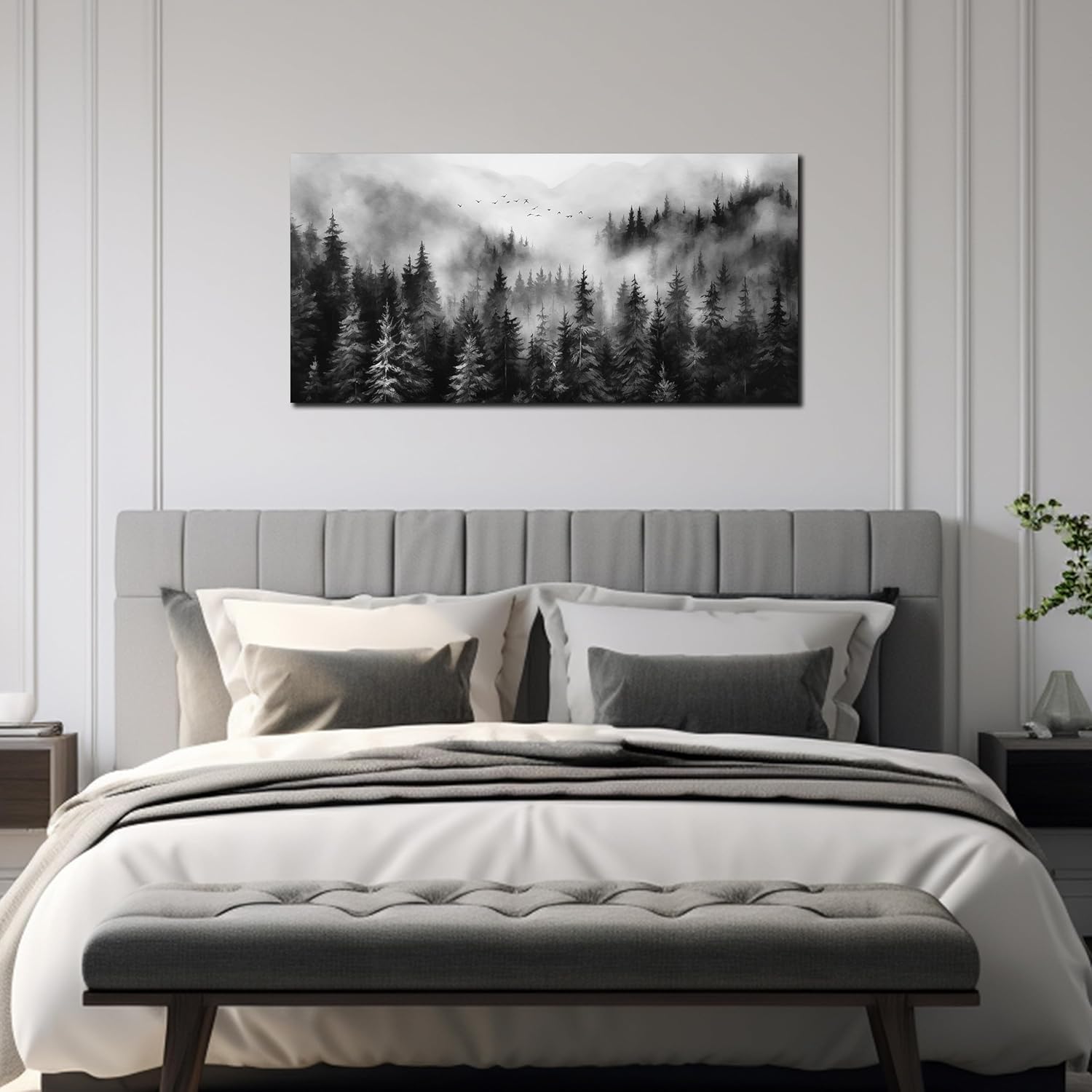 Foggy Forest Wall Art for Living Room,Black and White Pictures for Wall,Tree Wall Decor for Bedroom
