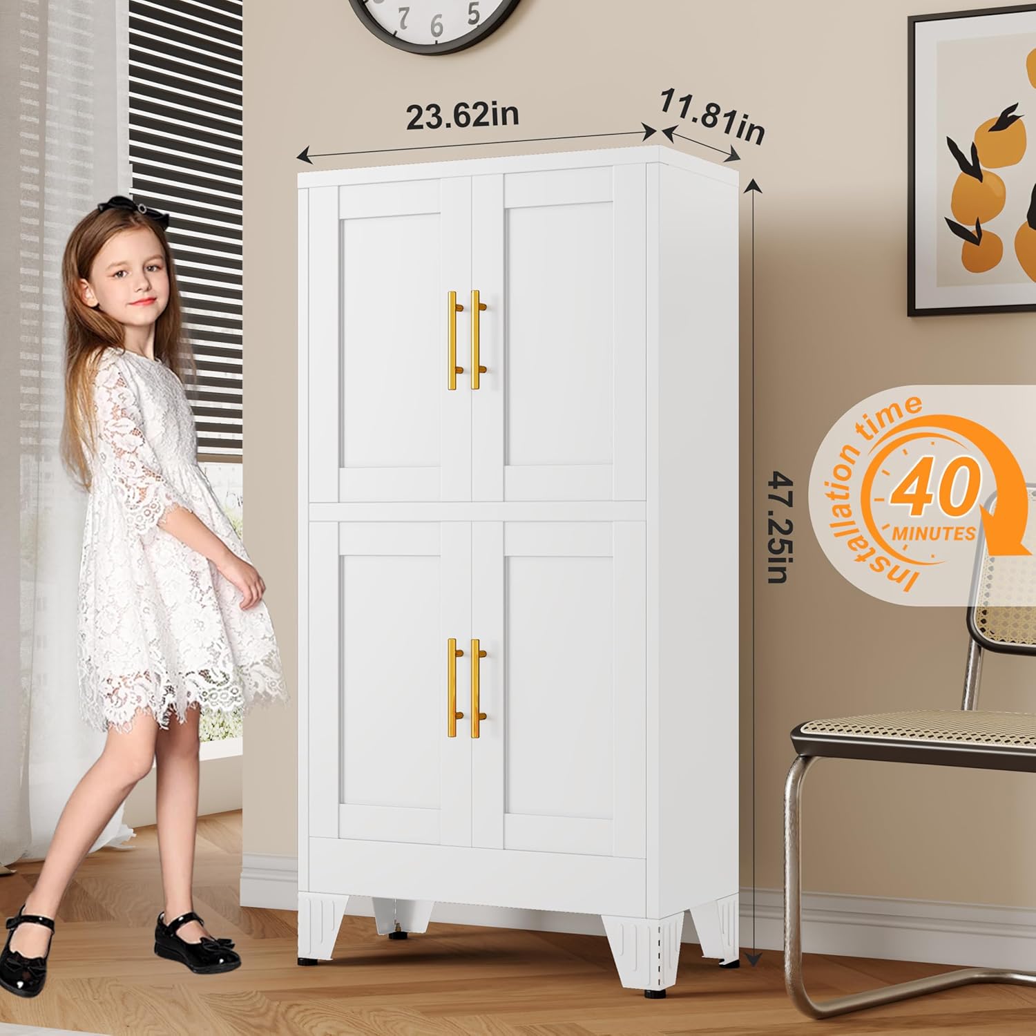 47.25" Metal Pantry Cabinet, Storage Cabinets with 4 Door and 2 Adjustable Shelves, White Bathroom
