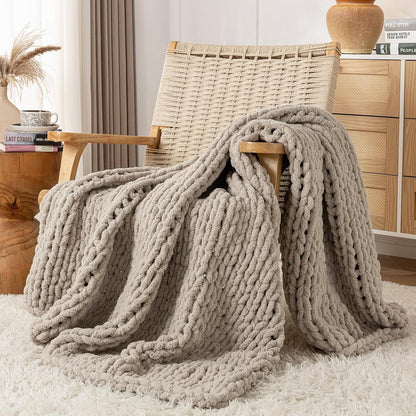 Chunky Knit Blanket Throw, 100% Hand Knit Throw Blanket Handmade Chenille Cable Knit Throw for