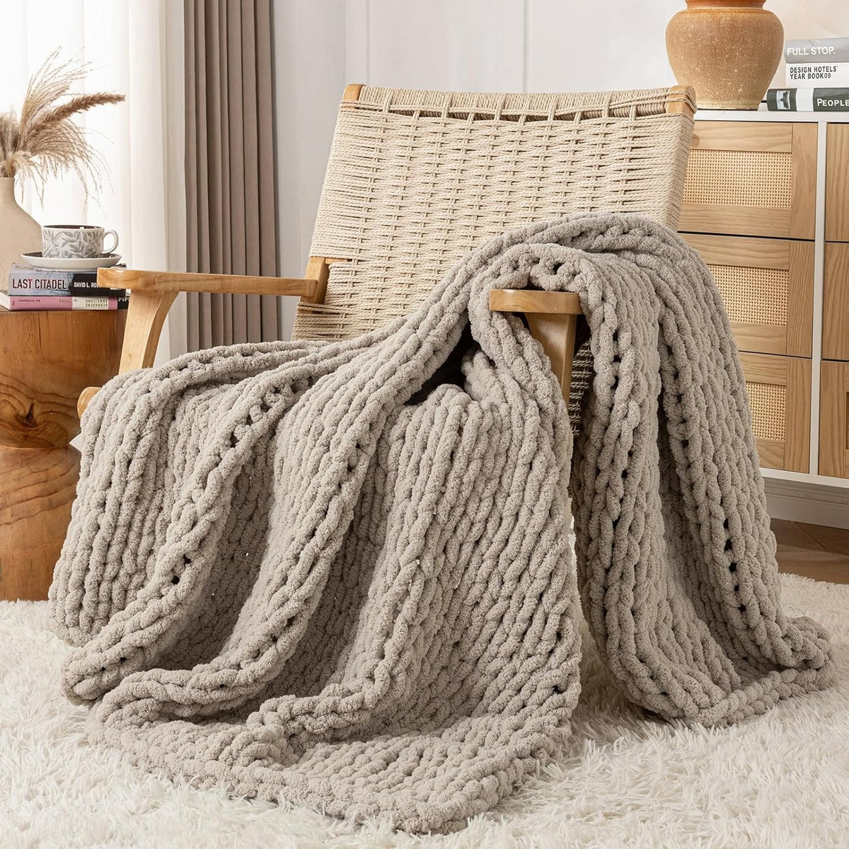 Chunky Knit Blanket Throw, 100% Hand Knit Throw Blanket Handmade Chenille Cable Knit Throw for