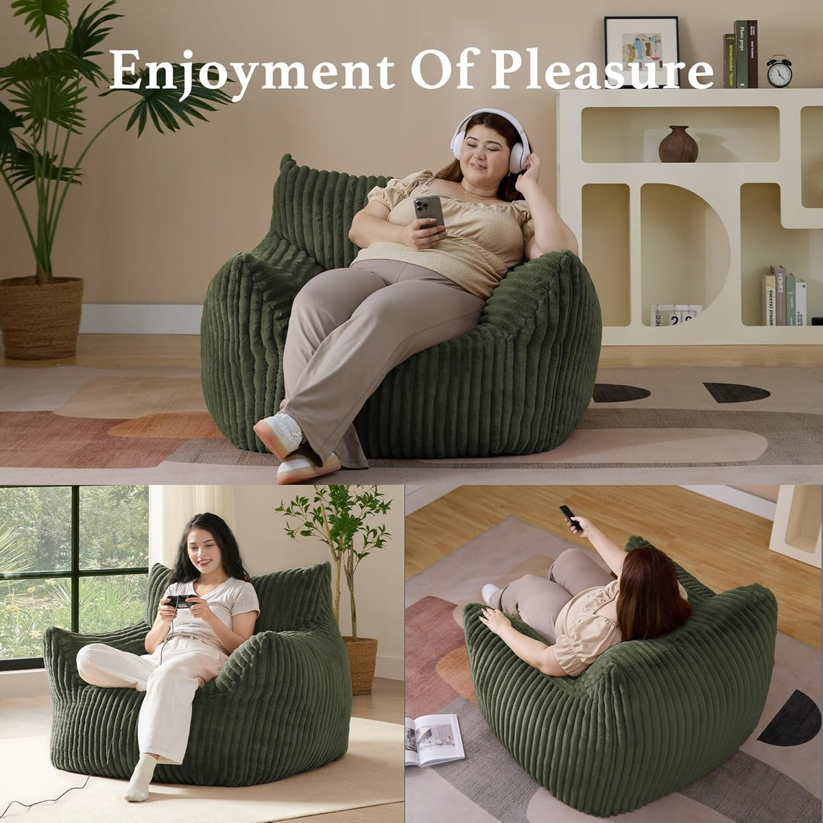 Giant Plush Bean Bag Chair for Adults with Armrests - Oversized Comfy Green Beanbag Lounge Lazy