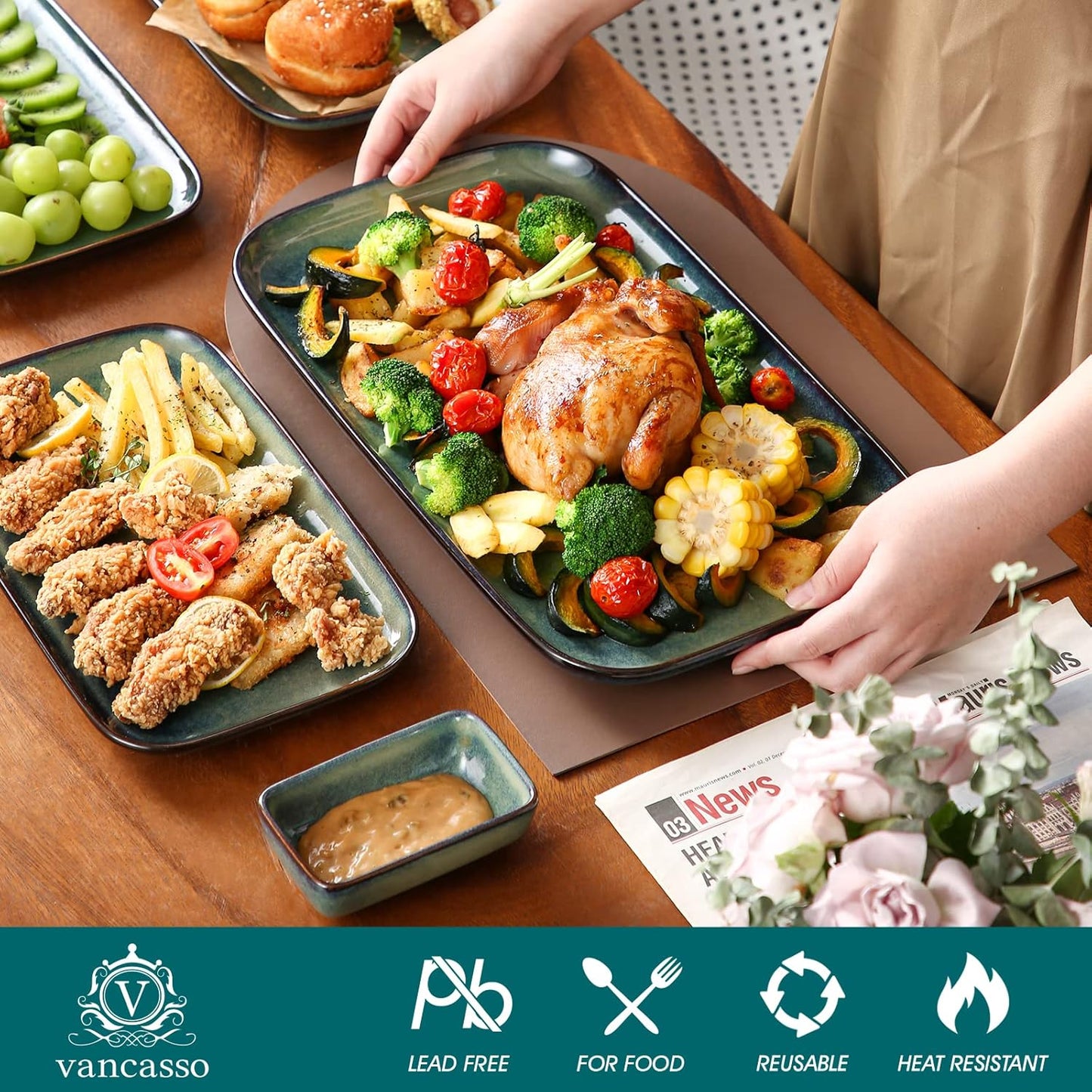 vancasso Stern Serving Platters Set of 3, 15/13/ 11 Inches Rectangular Serving Plates, Green