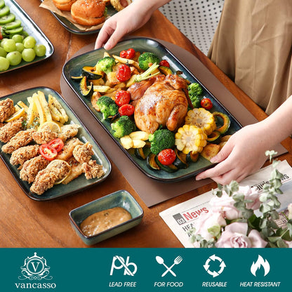 vancasso Stern Serving Platters Set of 3, 15/13/ 11 Inches Rectangular Serving Plates, Green