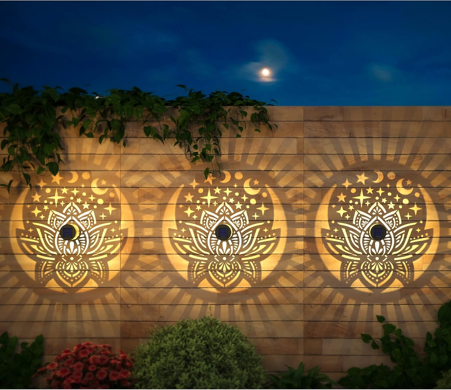 4 Pack Solar Fence Lights Metal Solar Powered Outdoor Wall Deck Lights Lotus Theme Waterproof Fence