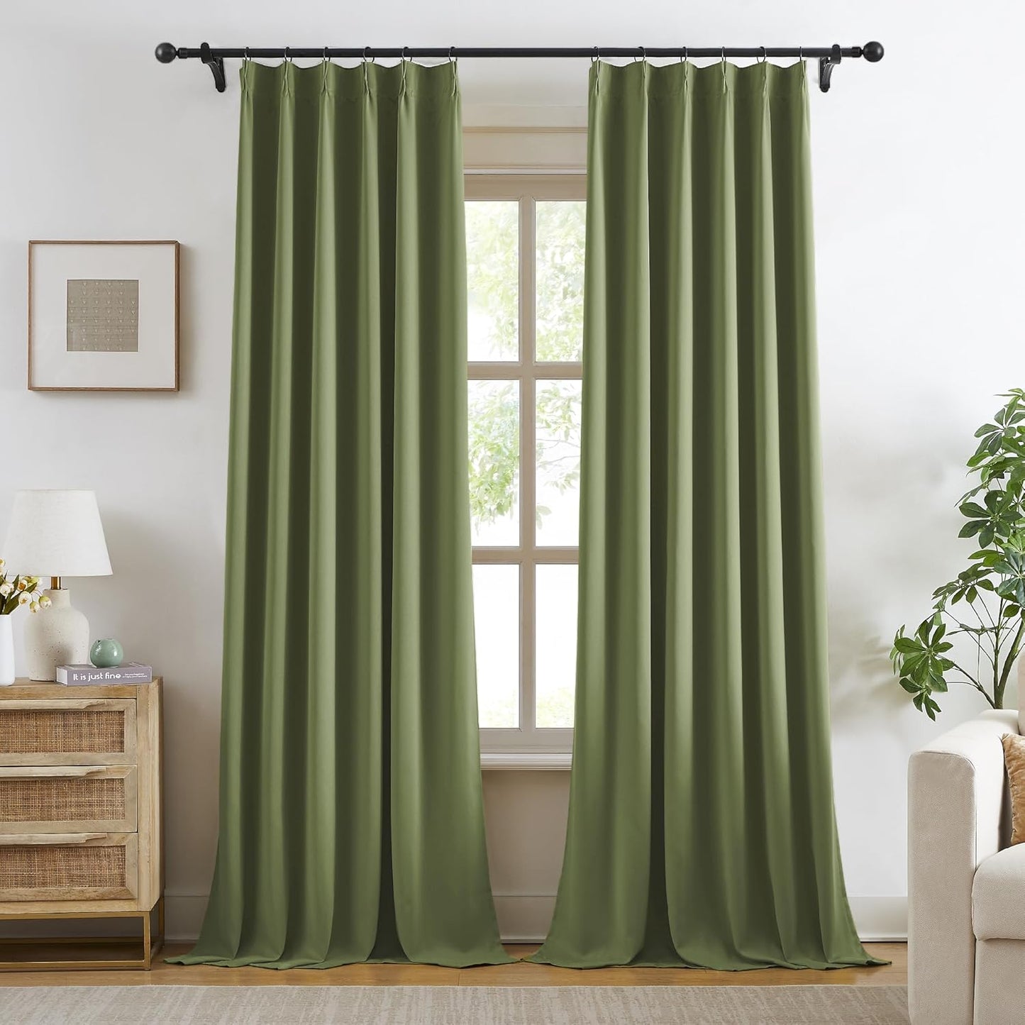 KangBang 60” Wide Sage Green Blackout Curtains 102 Inches Long, Pinch Pleated Thermal Insulated