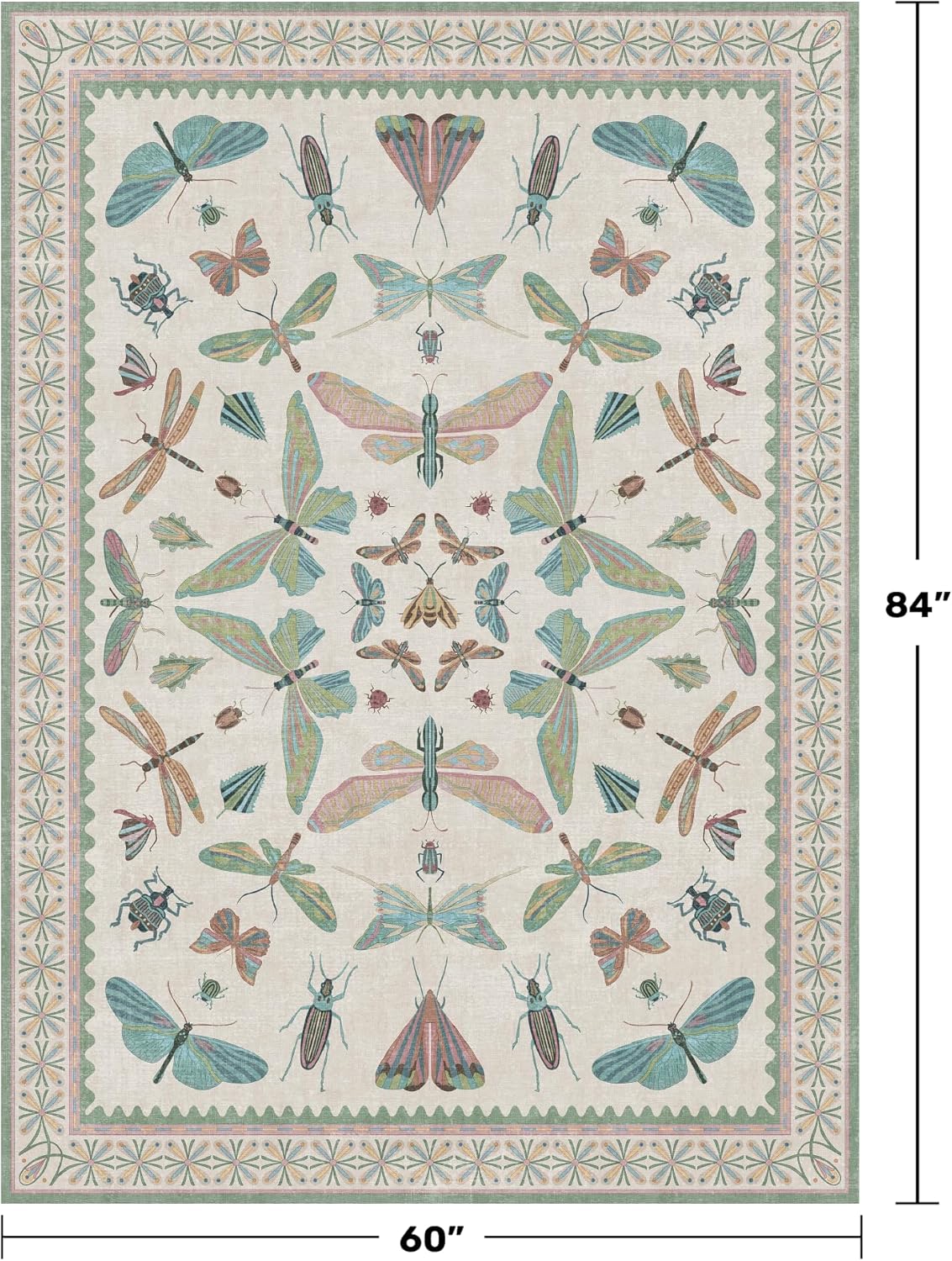 5x7 Pink and Green Nursery Rug - Colorful Rug for Bedroom, Living Room, Insect Butterfly Floral