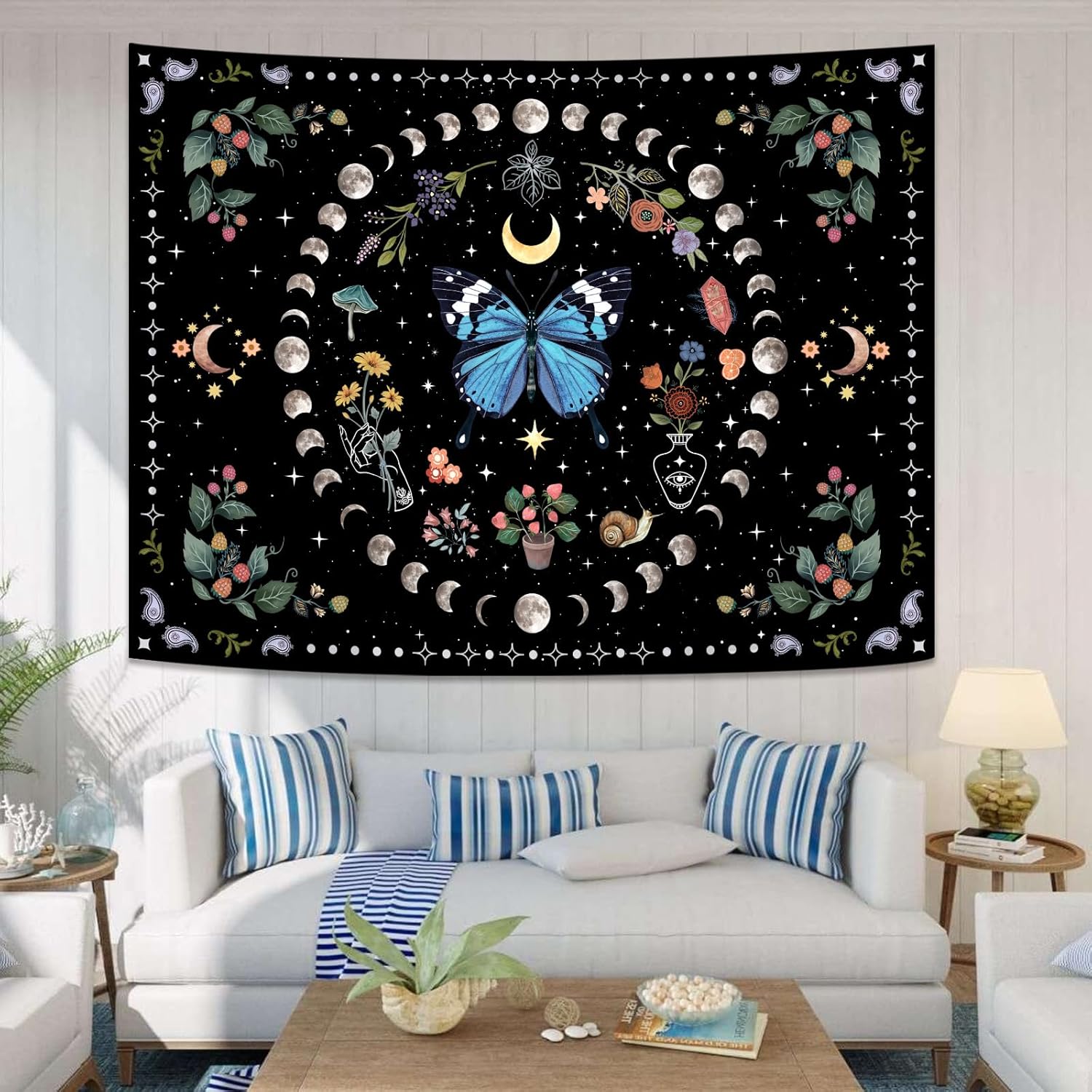 Aipon Blue Butterfly Moon Flower Tapestry Botanical Boho Plant Floral Wall Hanging for Bedroom and