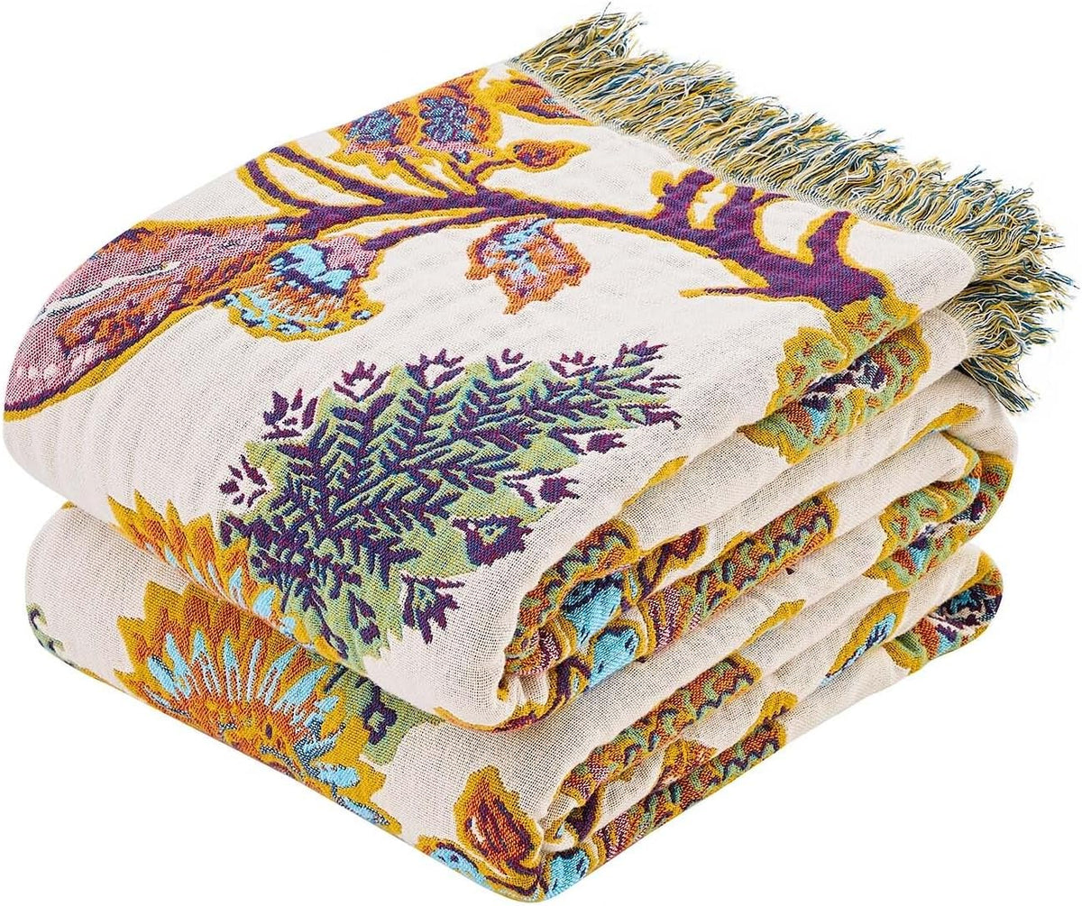 Boho Throw Blanket for Bed, 100% Cotton Soft Rustic Quilt Fall Blanket, 80"x90" Floral Printed