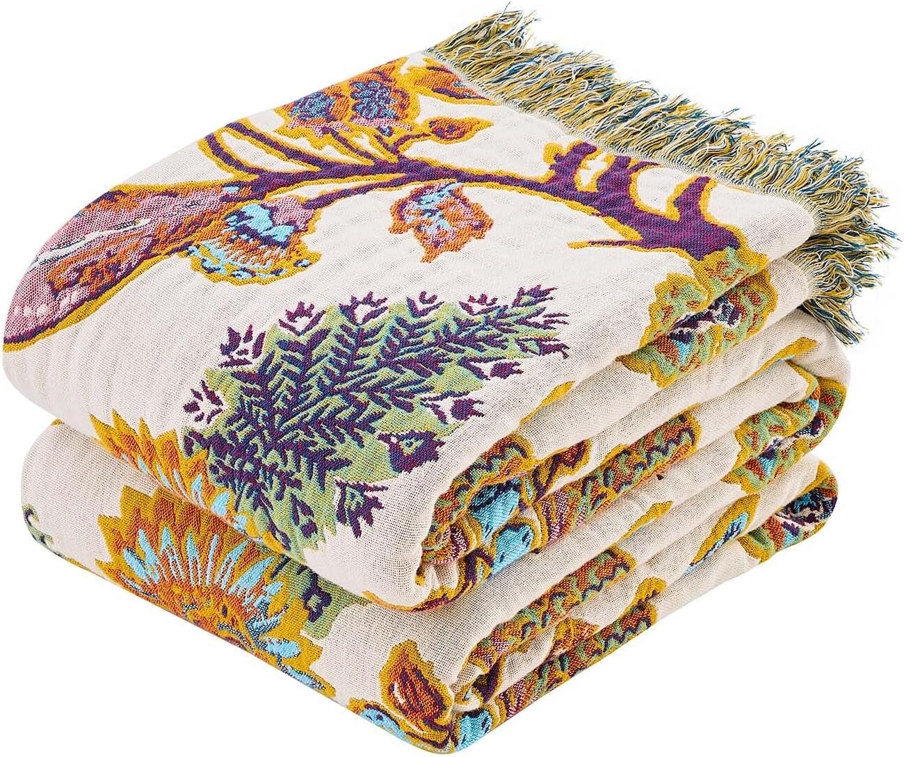 Boho Throw Blanket for Bed, 100% Cotton Soft Rustic Quilt Fall Blanket, 80"x90" Floral Printed