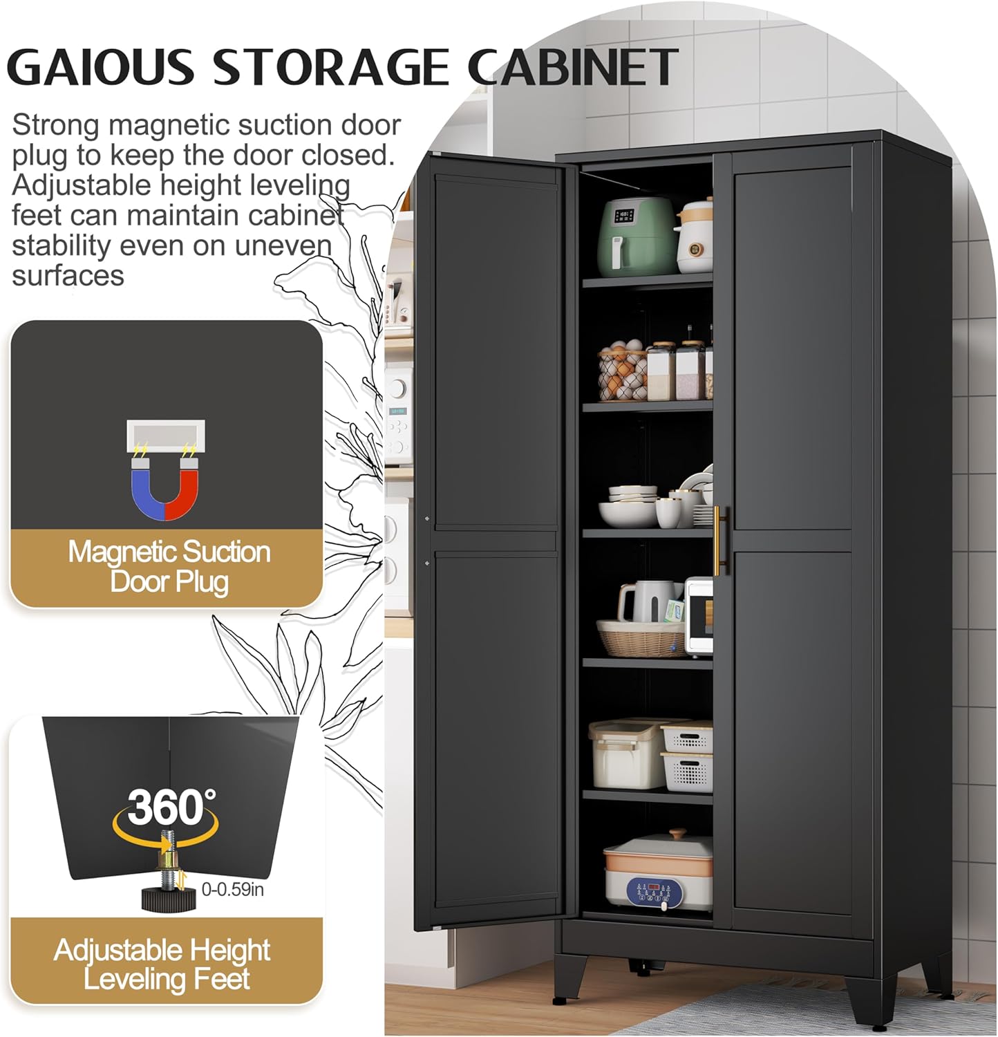 75.2" Tall Storage Cabinet, Pantry Storage Cabinets with 2 Door and 5 Adjustable Shelves, Black