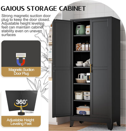 75.2" Tall Storage Cabinet, Pantry Storage Cabinets with 2 Door and 5 Adjustable Shelves, Black