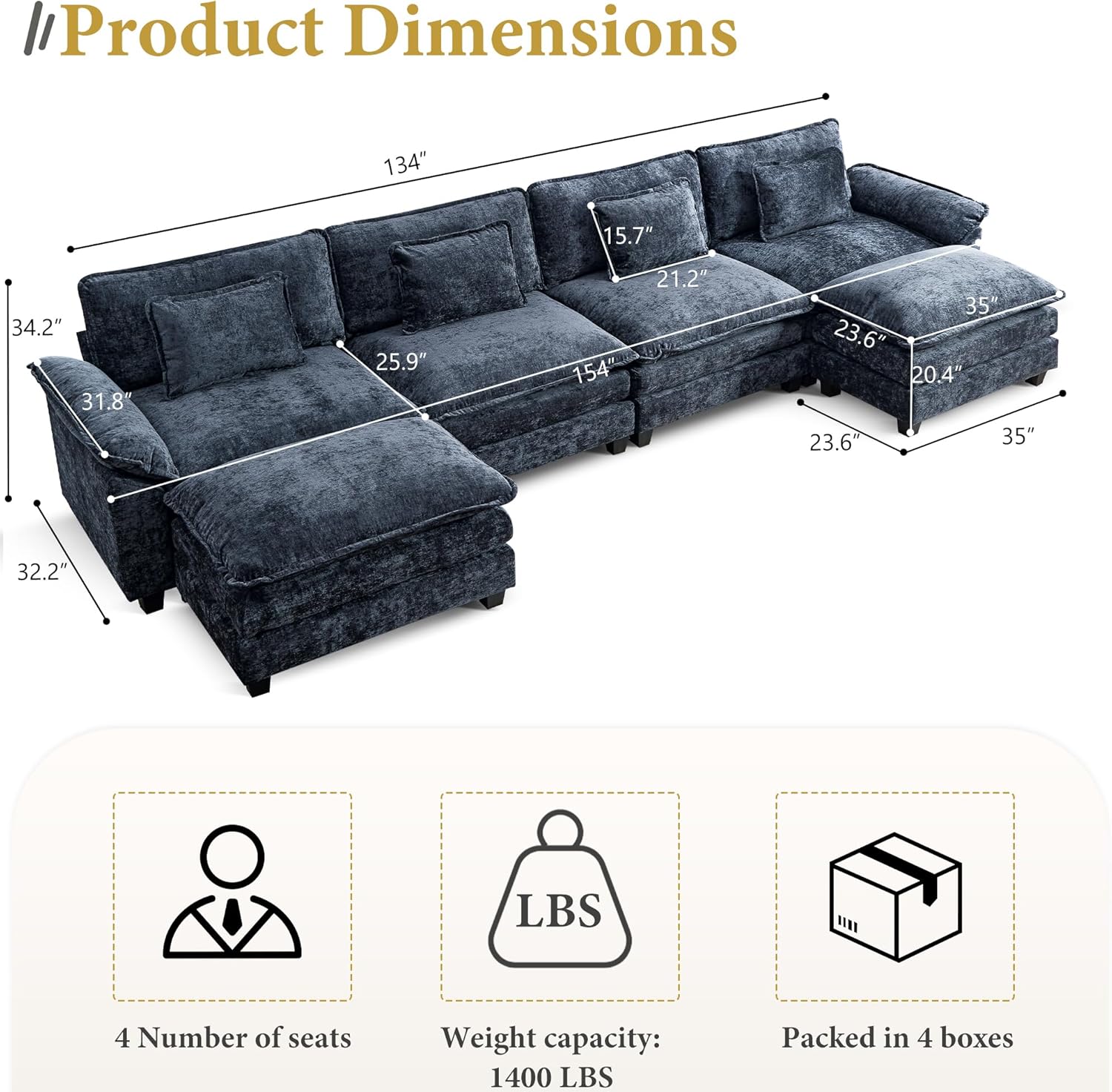 URRED Modular Sectional Sofa Comfy Cloud Couch, Modern Chenille Sofa Sleeper Deep Seat Couches with