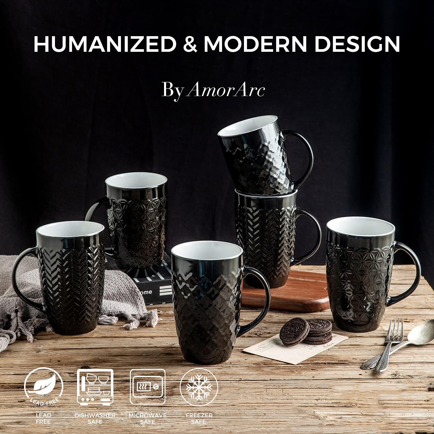 AmorArc Large Coffee Mugs Set of 6, 20oz Ceramic Tall Coffee Mugs Set with Textured Geometric