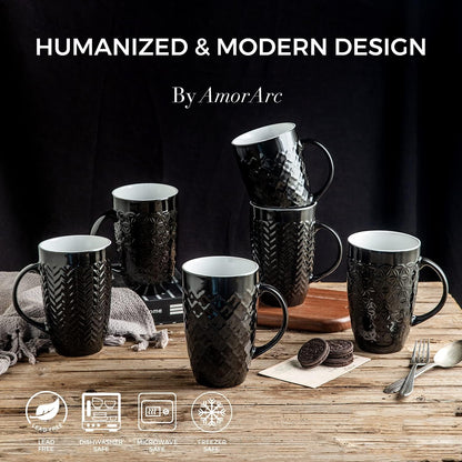 AmorArc Large Coffee Mugs Set of 6, 20oz Ceramic Tall Coffee Mugs Set with Textured Geometric