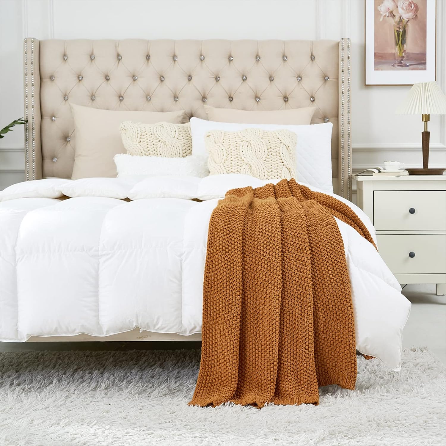 Chunky Cable Knit Throw Blanket Lightweight Burnt Orange 100% Organic Cotton Blanket for Sofa Couch