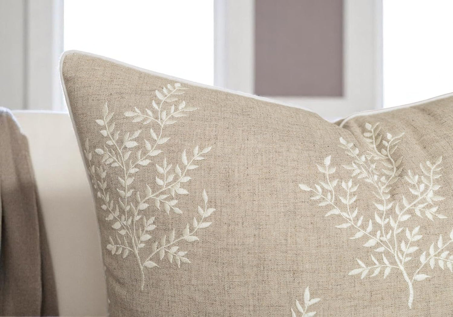 VAGMINE Embroidered Leaves Throw Pillow Cover - 20x20 Inches Square - 100% Linen Natural Throw