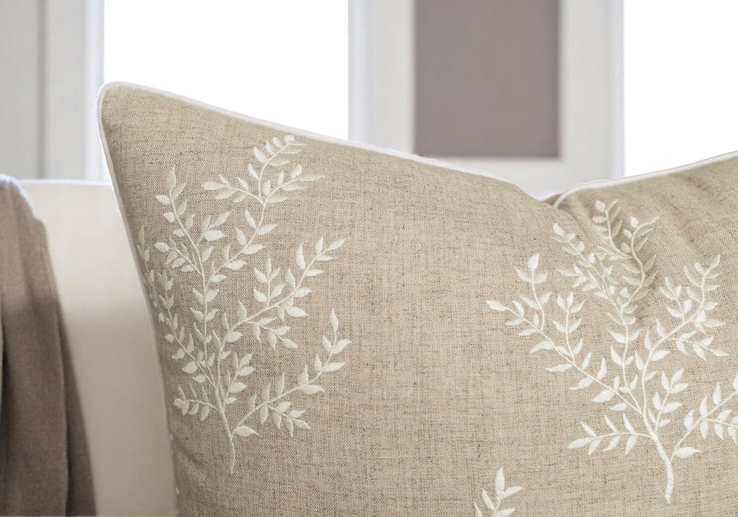 VAGMINE Embroidered Leaves Throw Pillow Cover - 20x20 Inches Square - 100% Linen Natural Throw