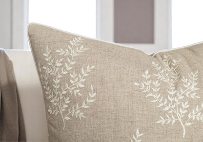 VAGMINE Embroidered Leaves Throw Pillow Cover - 20x20 Inches Square - 100% Linen Natural Throw