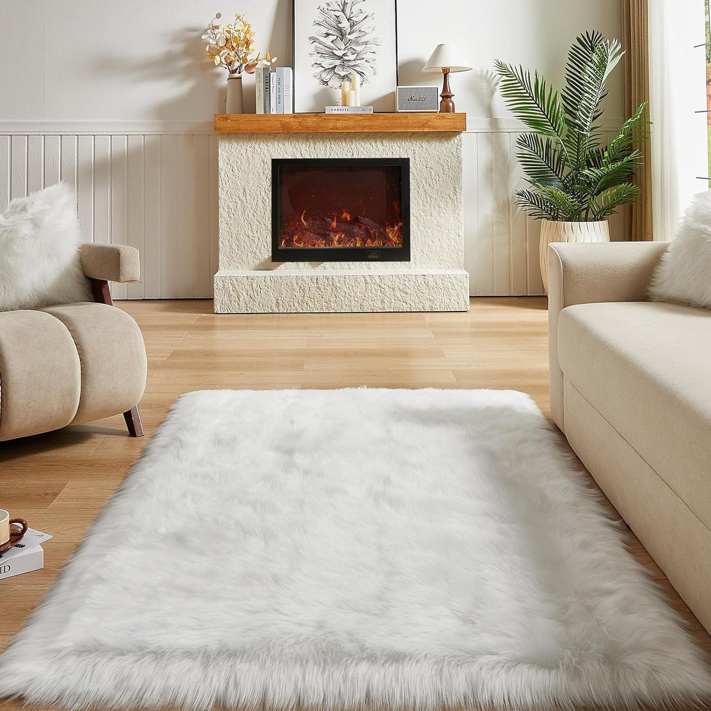 AMTOVO Faux Fur Sheepskin Rug for Living Room, 4 x 6 ft White Fluffy Area Rug for Bedroom
