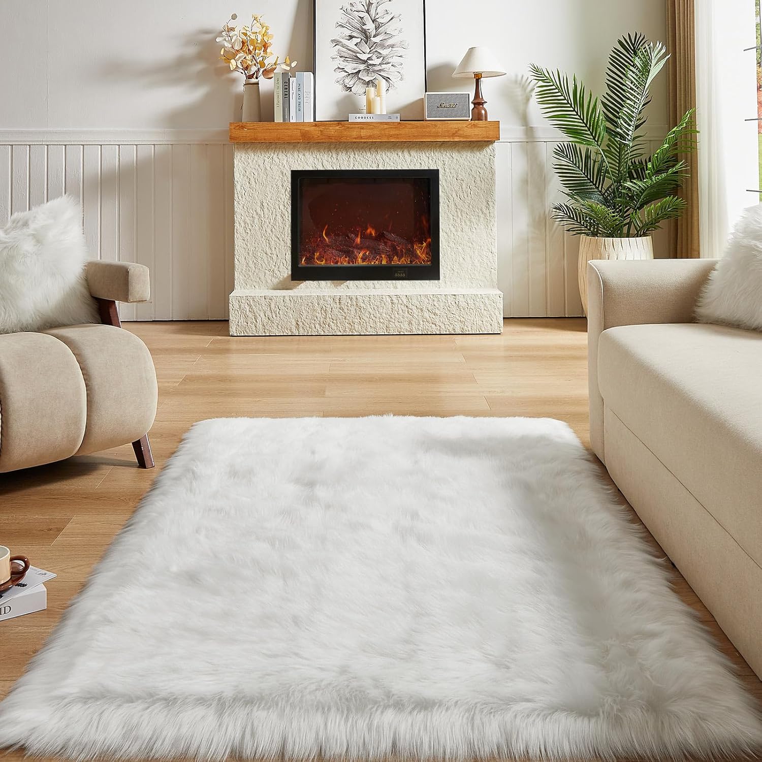 AMTOVO Faux Fur Sheepskin Rug for Living Room, 4 x 6 ft White Fluffy Area Rug for Bedroom