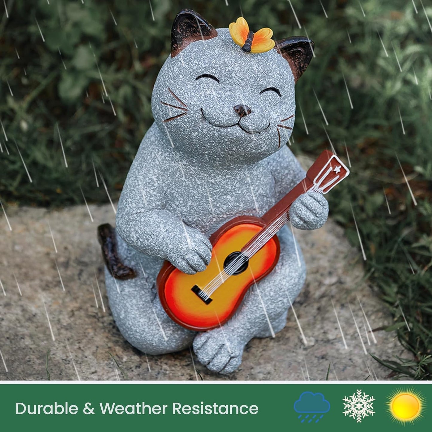 Cat Garden Statue Outdoor Decor, Cat Sculpture with Guitar and Butterfly for Yard Lawn Patio