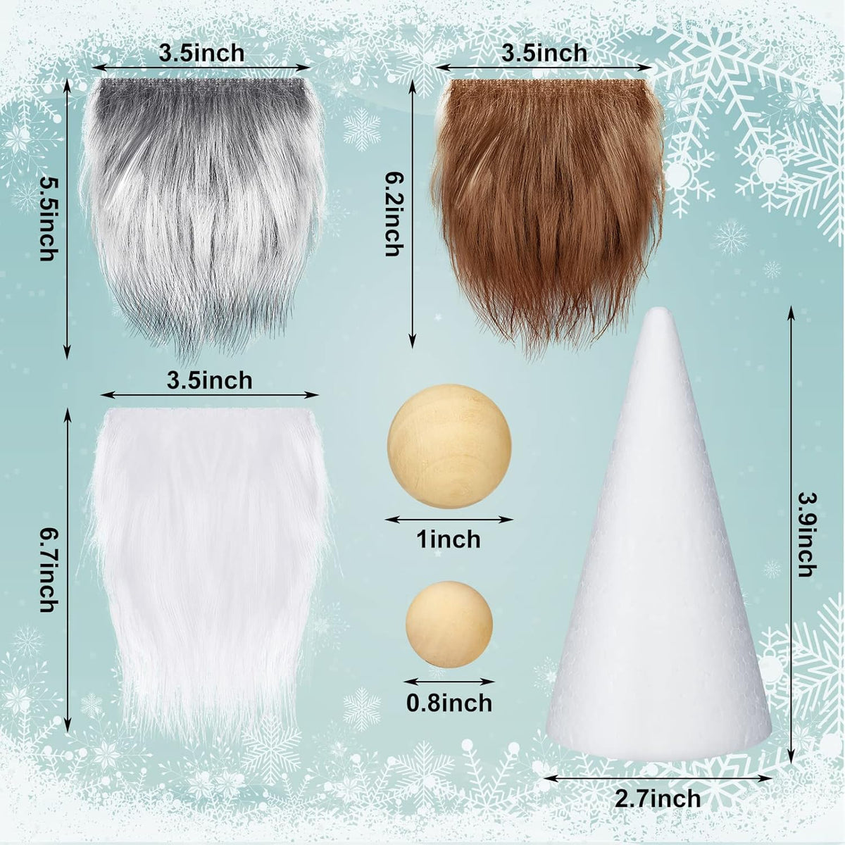 Sosation 60 Pcs Gnomes Beard Sets Faux Fur Pre Cut Gnomes Beard Foam Cone Foam Handmade Wood Balls