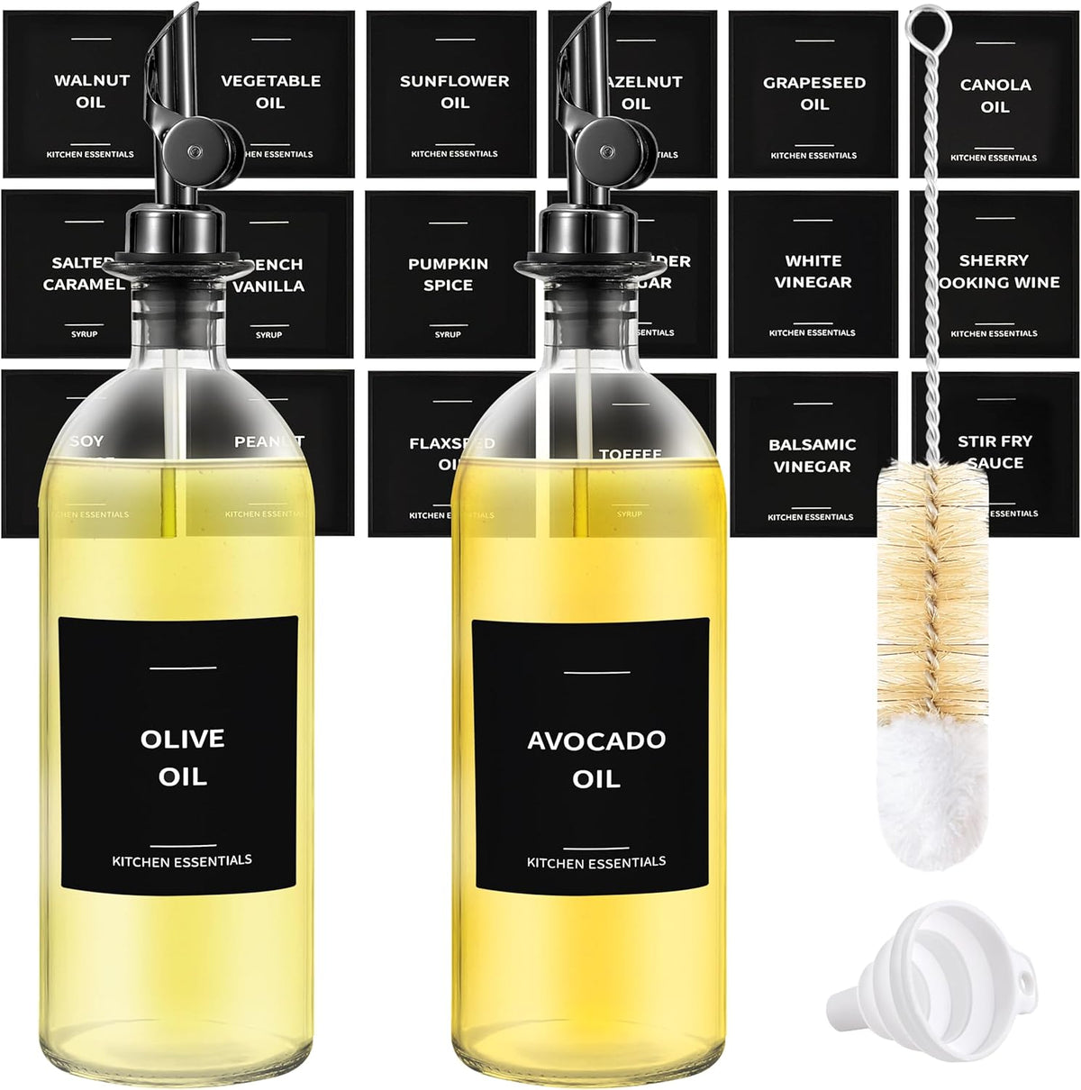 Olive Oil Dispenser Bottle - Includes 55 Kitchen Essential Labels - Cooking Oil Bottles for