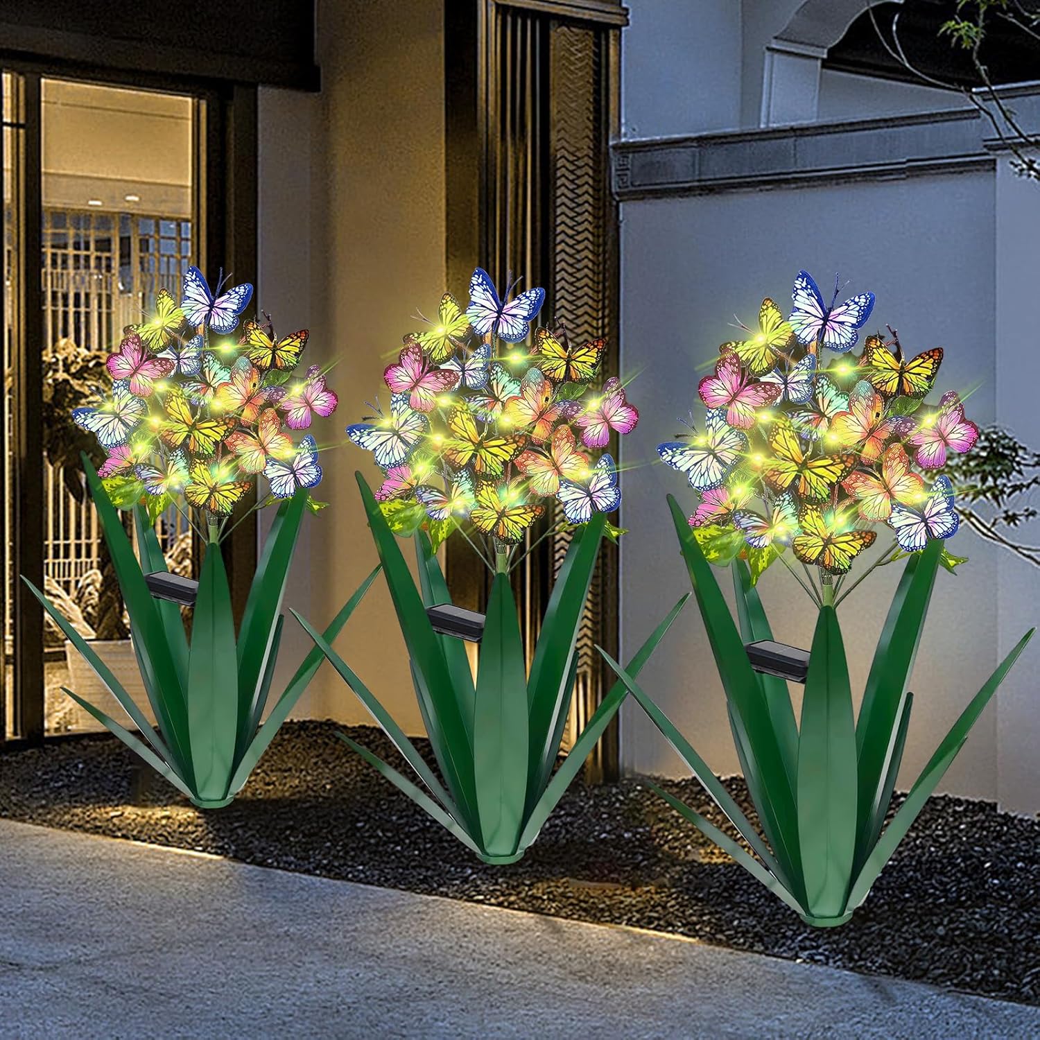 Homight Solar Metal Agave Butterfly Flower Stick Garden Sculpture - Outdoor Christmas Lights With