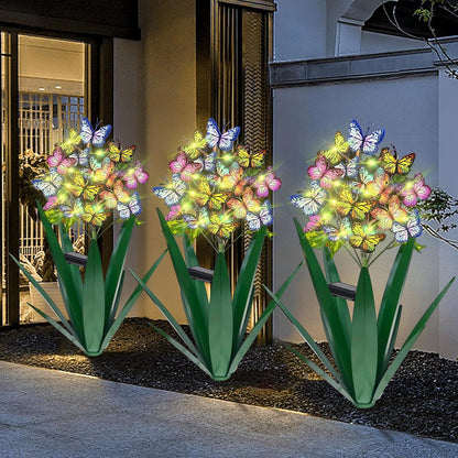 Homight Solar Metal Agave Butterfly Flower Stick Garden Sculpture - Outdoor Christmas Lights With