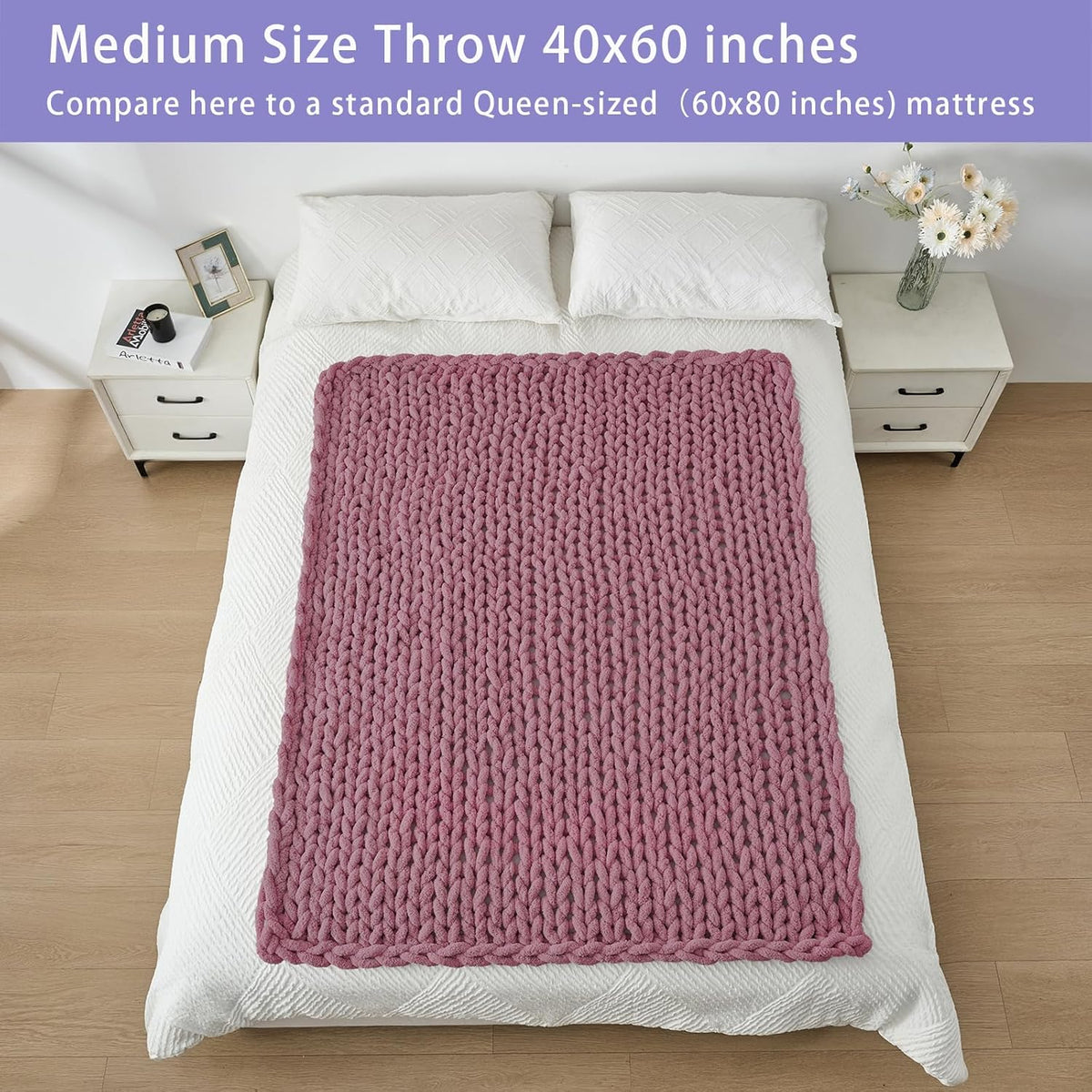 Bigacogo Chunky Knit Throw Blanket for Couch, 40x60 inches, 100% Hand Knitted with Thick Jumbo