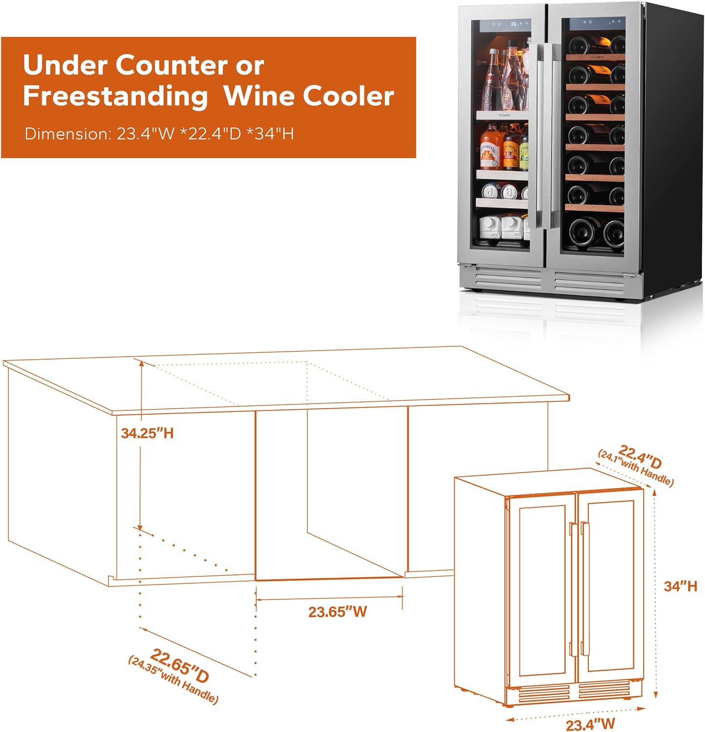 Ca'Lefort 24 Inch Wine and Beverage Refrigerator, 60 Can and 20 Bottle Wine Fridge 36-72°F, 3 LED