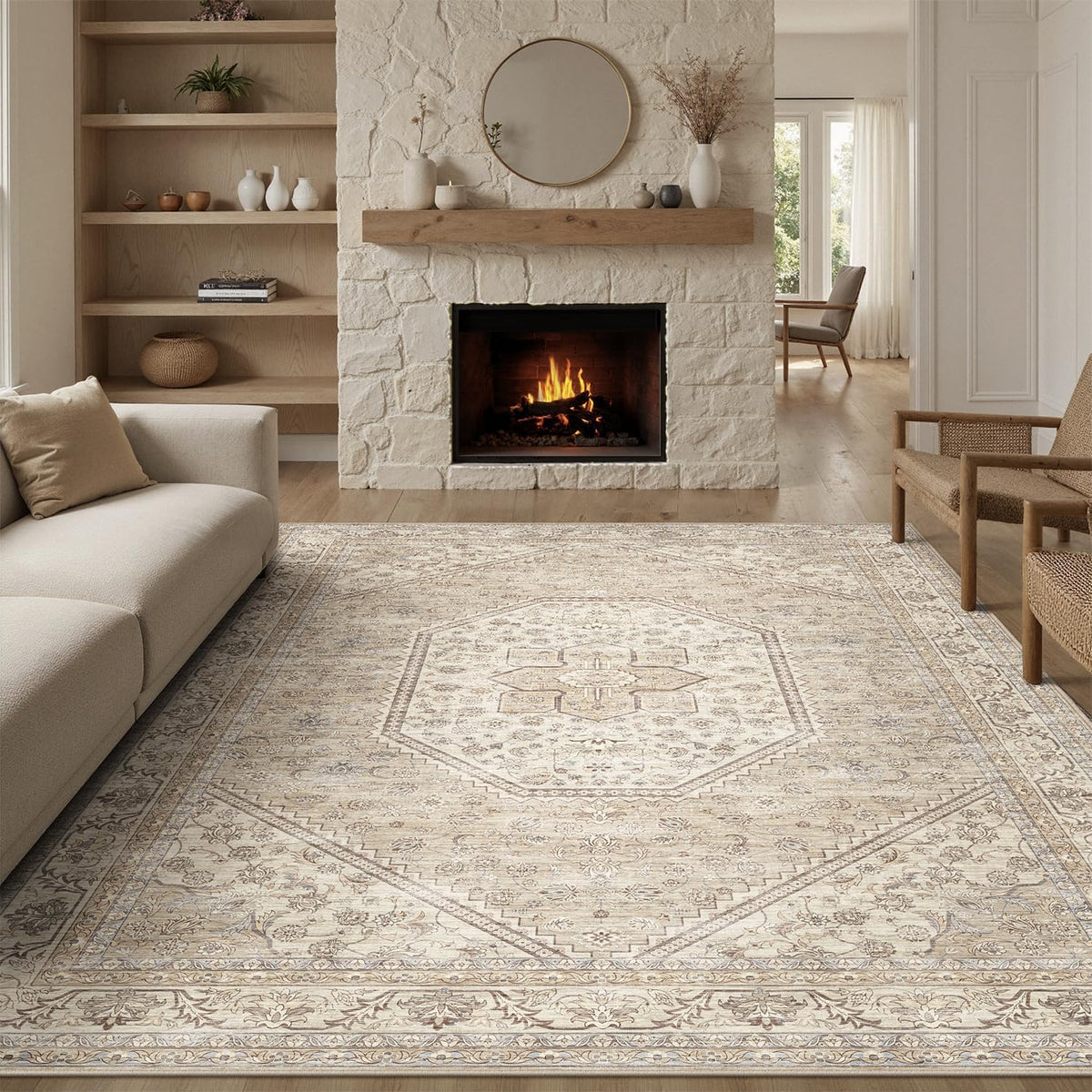 DCX Machine Washable Brown and Beige Area Rug 8x10, Non Slip Stain Resistant Vintage Floral Rug for