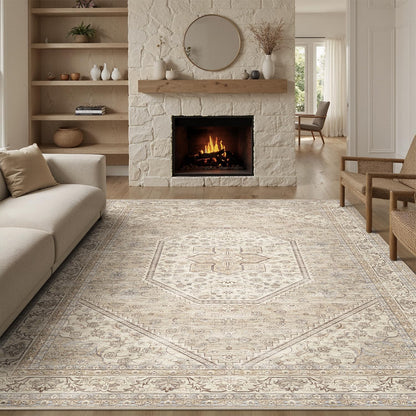 DCX Machine Washable Brown and Beige Area Rug 8x10, Non Slip Stain Resistant Vintage Floral Rug for