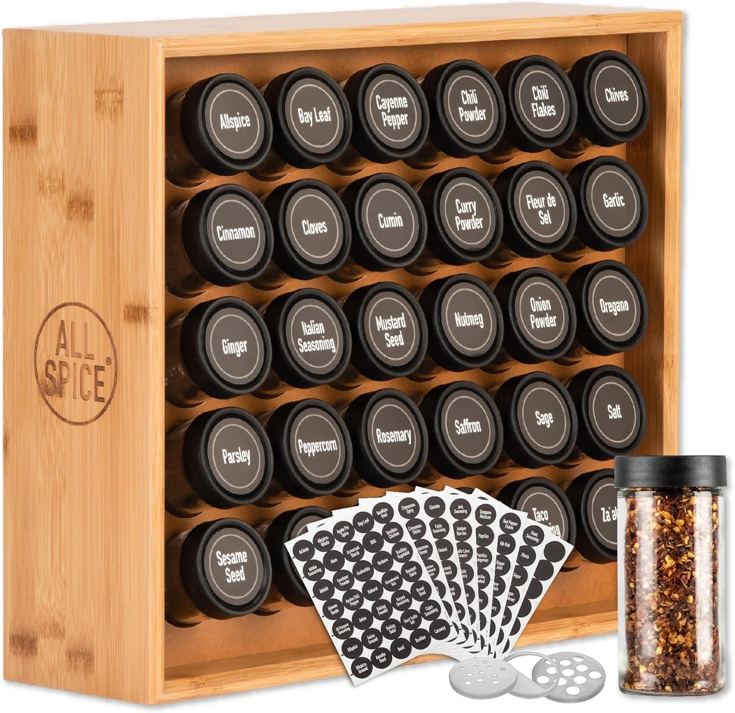 AllSpice Spice Rack Organizer, Wood, 525 Unique Labels, Countertop or Wall Mount, Includes 30 4oz