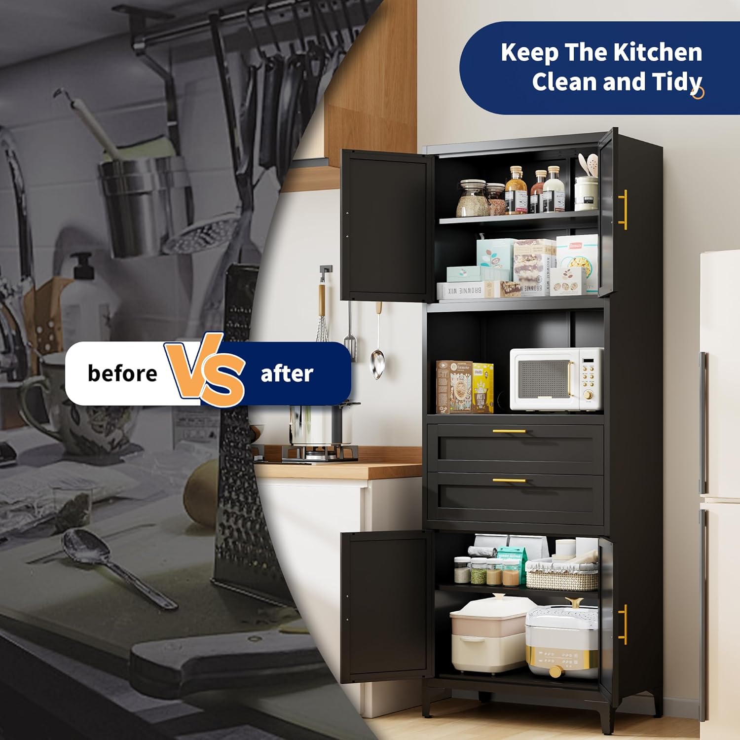 75” Tall Kitchen Pantry Storage Cabinet, Metal Storage Cabinet with 2 Drawers and Adjustable