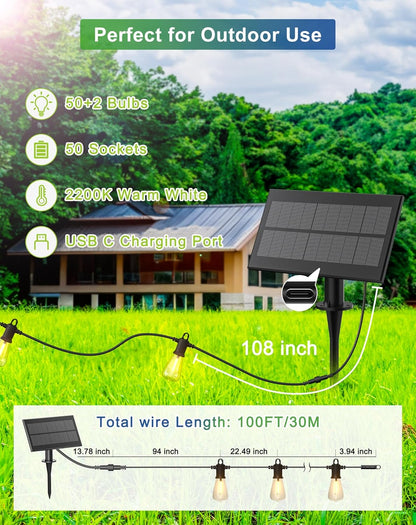 Solar String Lights Outdoor Waterproof 100FT with USB Port and 52 Shatterproof ST38 Bulbs(2 Spare)
