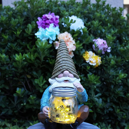 Solar Firefly Jar Gnome Waterproof- Large Garden Gnome Funny Solar Outdoor LED Lights Resin Statues