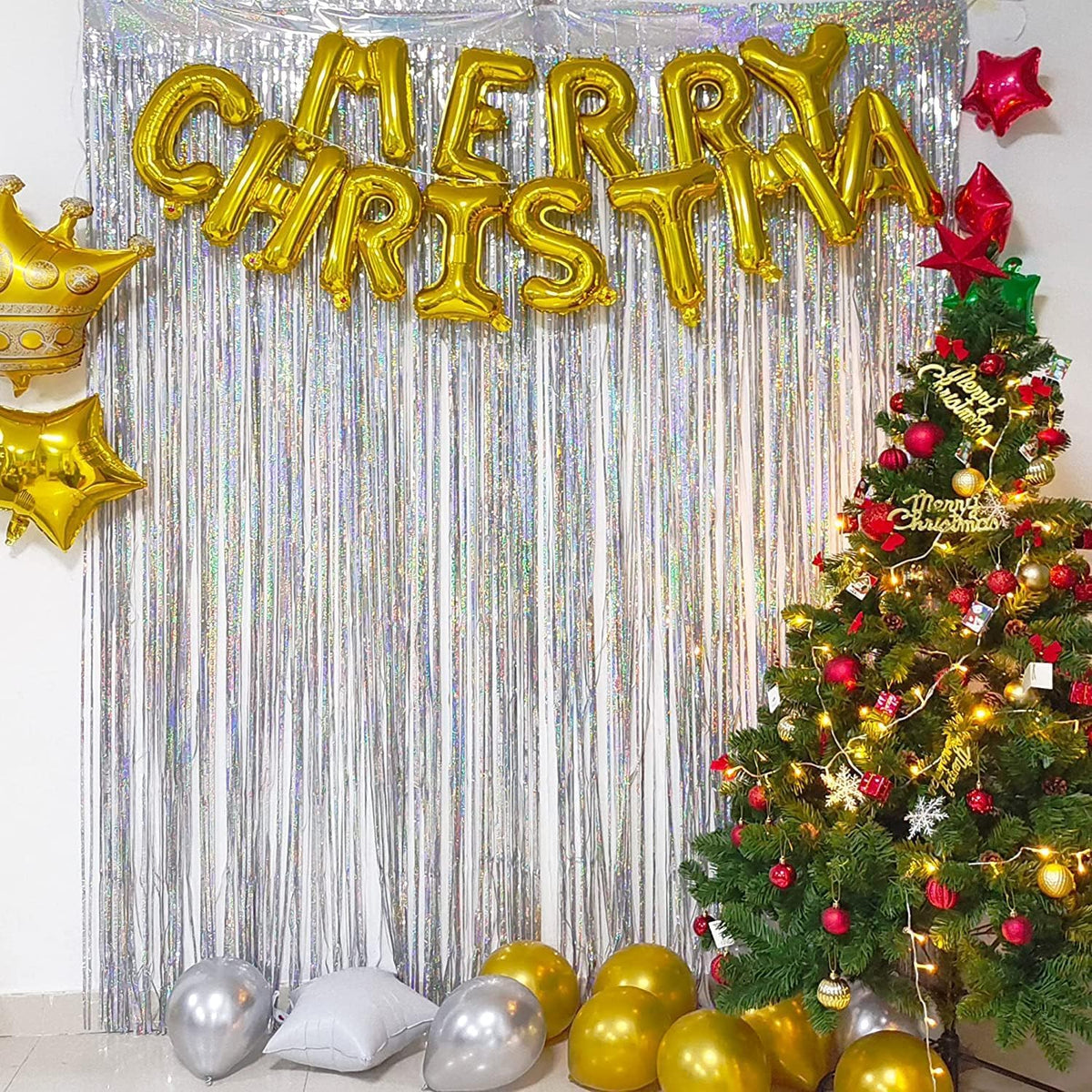 BRAVESHINE Silver Streamers Party Backdrop Decorations - 2Pcs 3.2x8.2ft Tinsel Foil Fringe Curtain