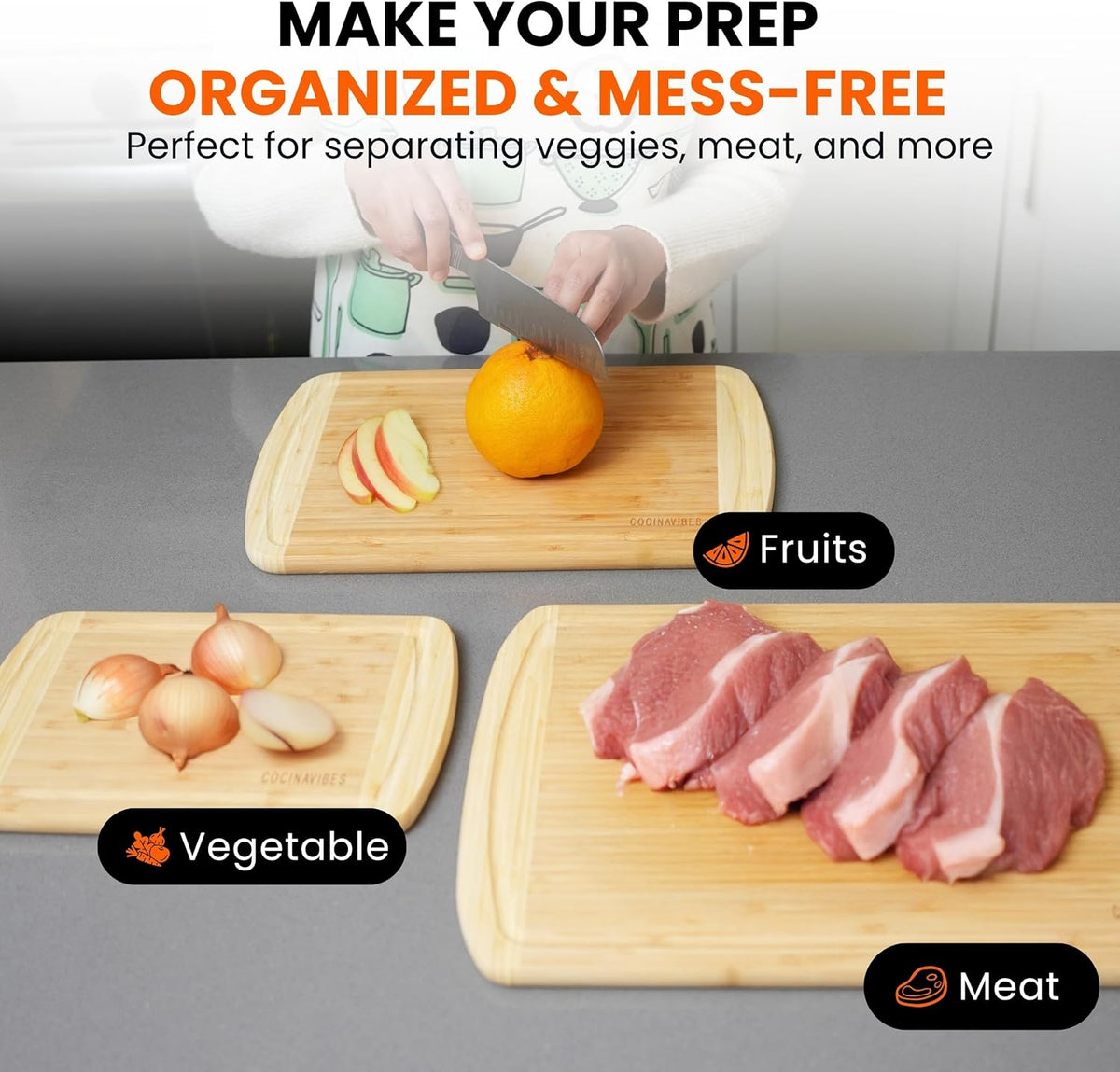 Bamboo Cutting Board Set – Charcuterie & Chopping Boards for Kitchen, Large & Small Sizes, Safe