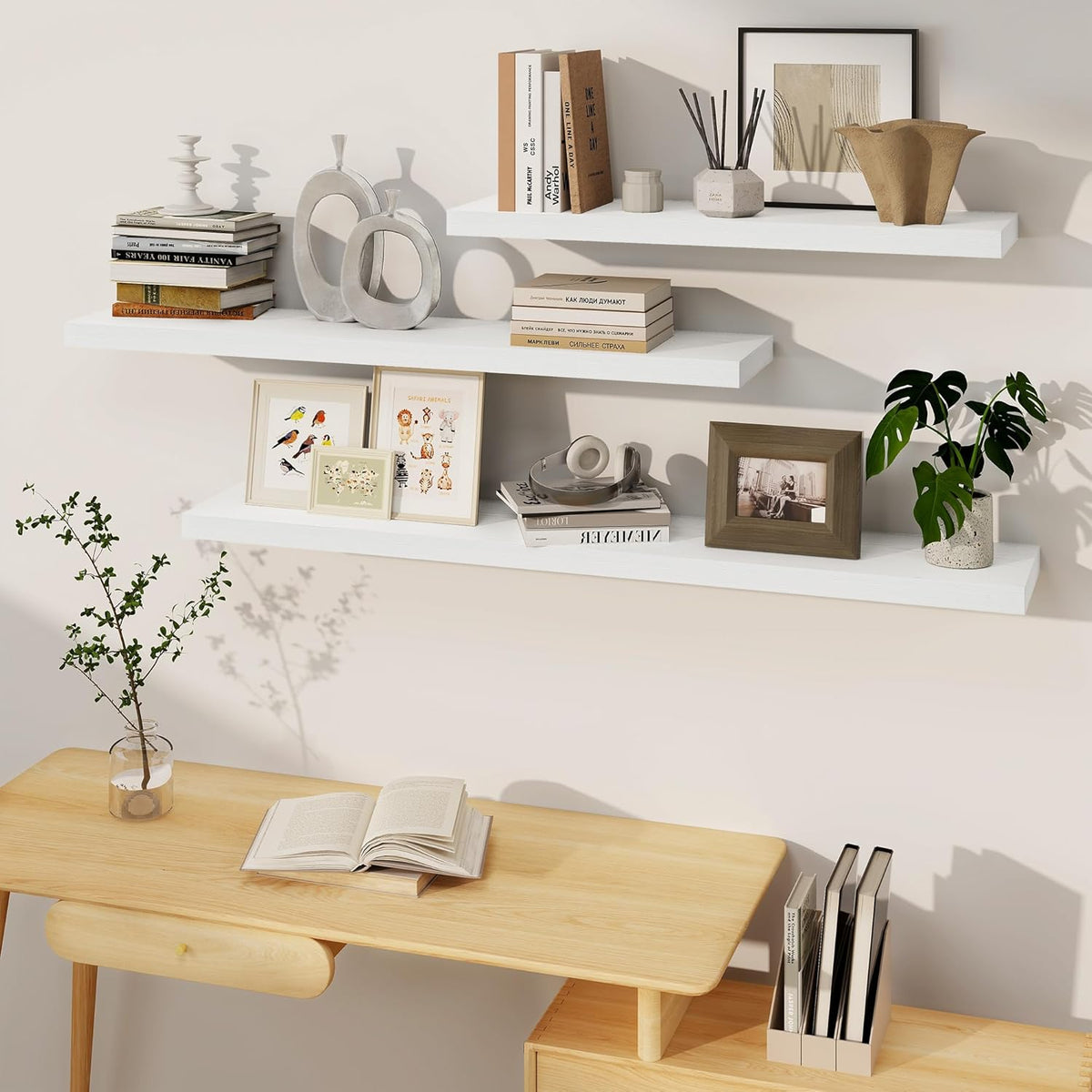 White Floating Shelves 48 Inch Long, 8 Deep Floating Shelves for Wall, Rustic 48" Long Fireplace