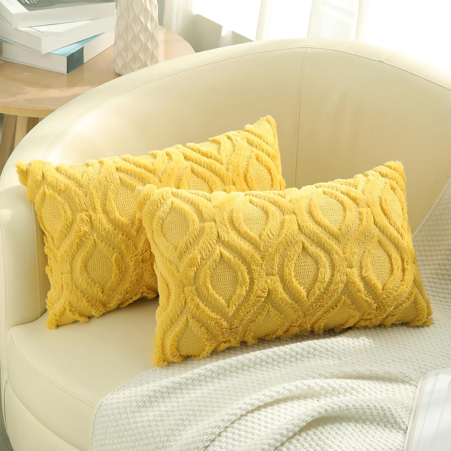 decorUhome Throw Pillow Covers 12x20 Inch Set of 2, Soft Plush Decorative Faux Fur Mustard Yellow