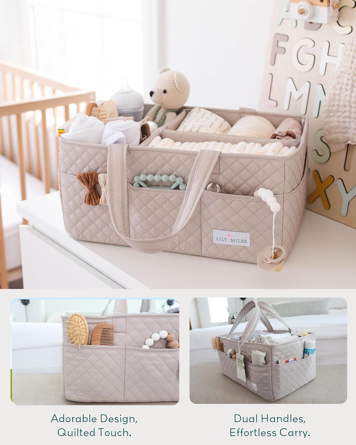 Lily Miles Baby Diaper Caddy Organizer, Quilted Nursery Storage Organizer for Newborn Essentials